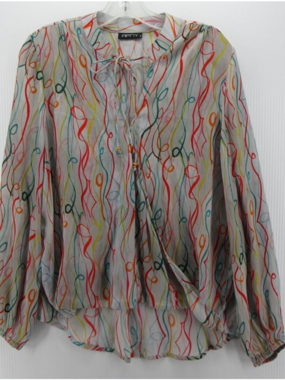 APNY Top Small Wrap Blouse Abstract Artsy Front Tie Hi Low Colorful